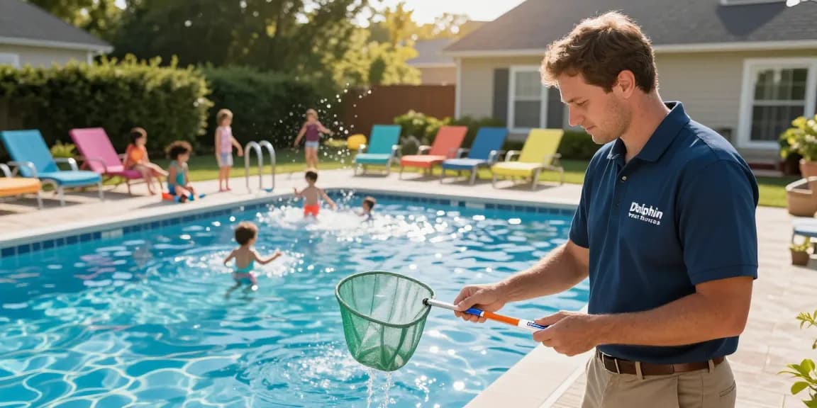 Dolphin Pool Services technician performing pool maintenance in a Virginia backyard with family enjoying their pool, highlighting quality and care.