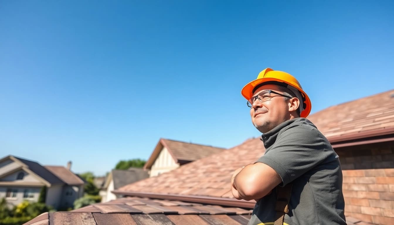 Roofing contractor professionally inspecting a roof in a suburban neighborhood, ensuring quality work.