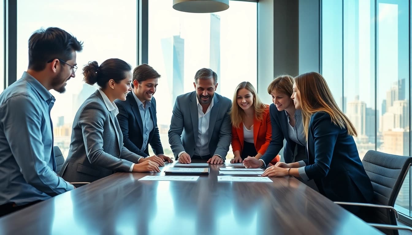 Engaged team of Quickplus Business Consultants collaborating in a vibrant office setting.