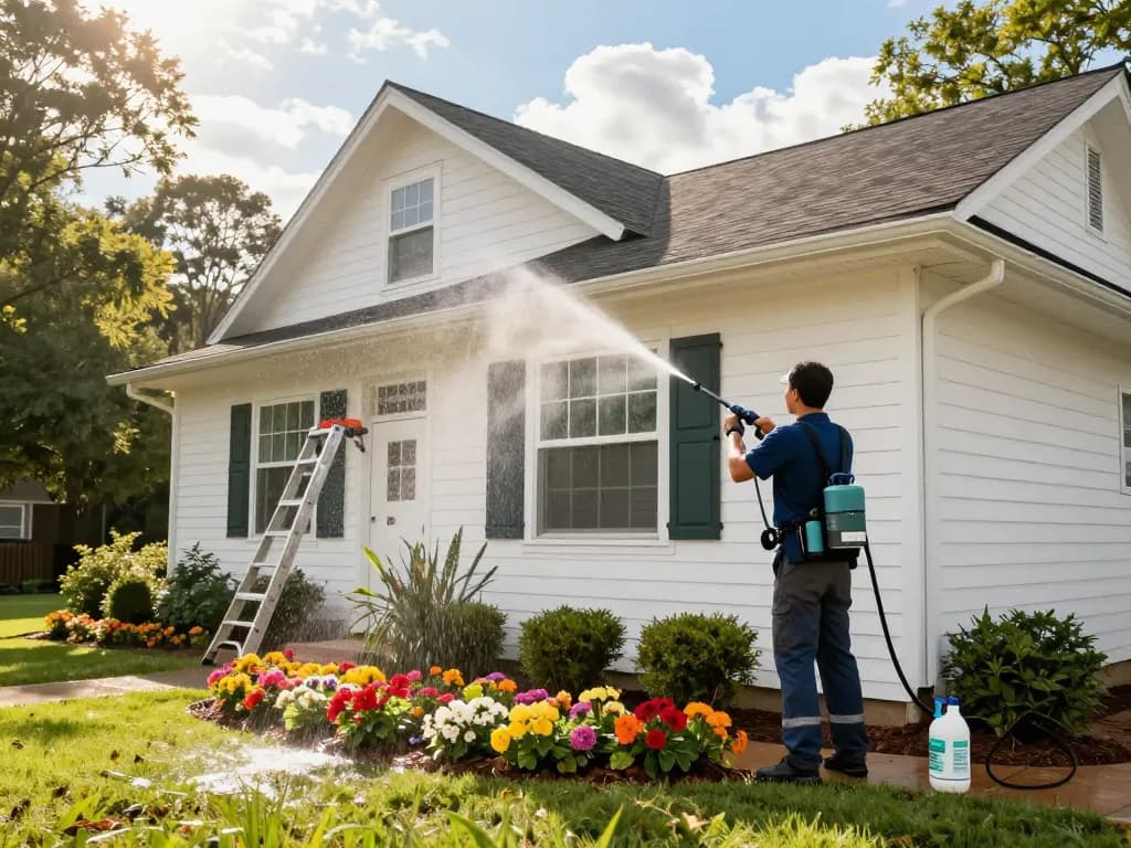 Soft washing services Atlanta: technician cleaning a bright home exterior with eco-friendly solutions under sunny skies.