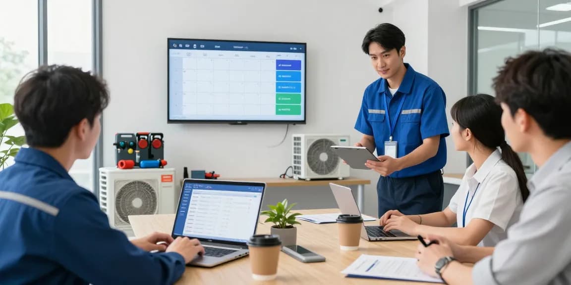 Efficient HVAC service software management scene with technicians scheduling and dispatching in a bright office.
