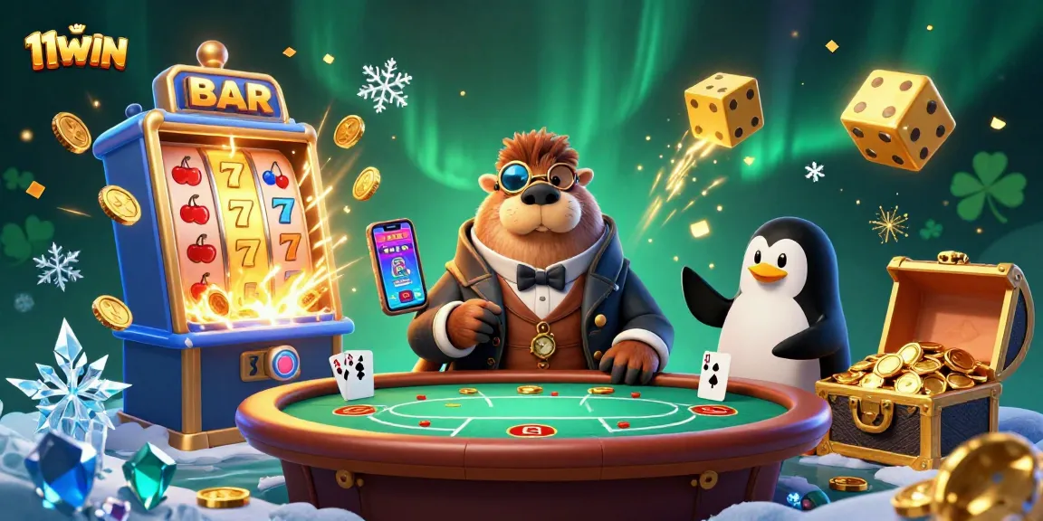 Engage in thrilling gameplay at 11WIN with a jolly walrus, penguin dealer, and bluffing pufferfish amidst vibrant casino elements.