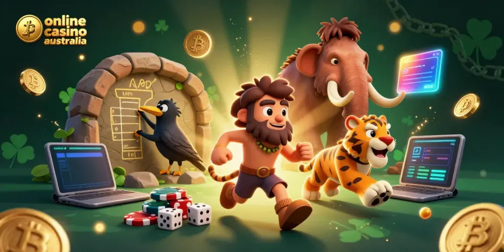 Engage with the dynamic scene of online casino Australia, featuring a caveman and tiger duo in a whimsical casino setup.