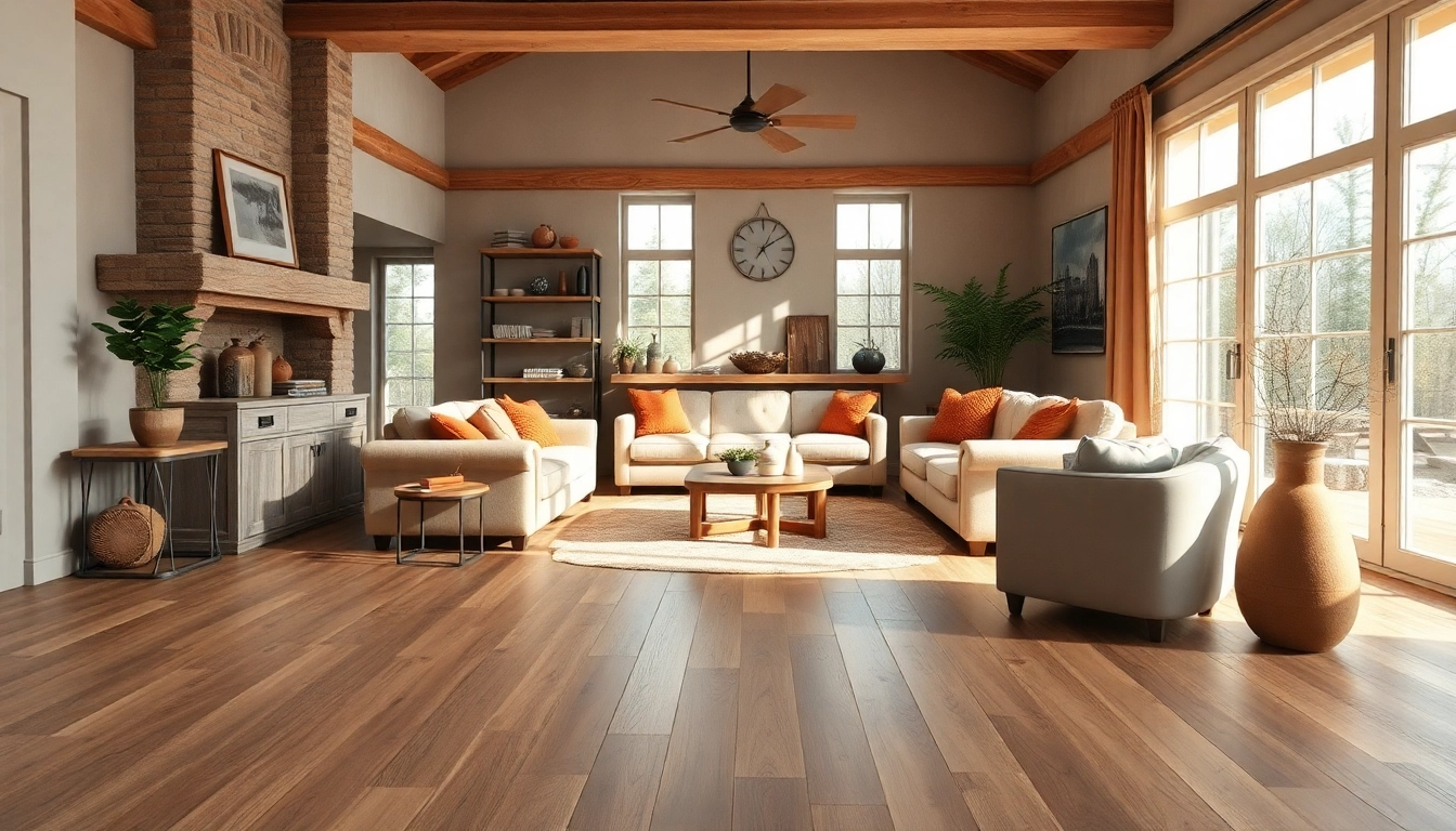 LVP waterproof flooring showcased in a stylish, rustic living room setting with natural lighting.