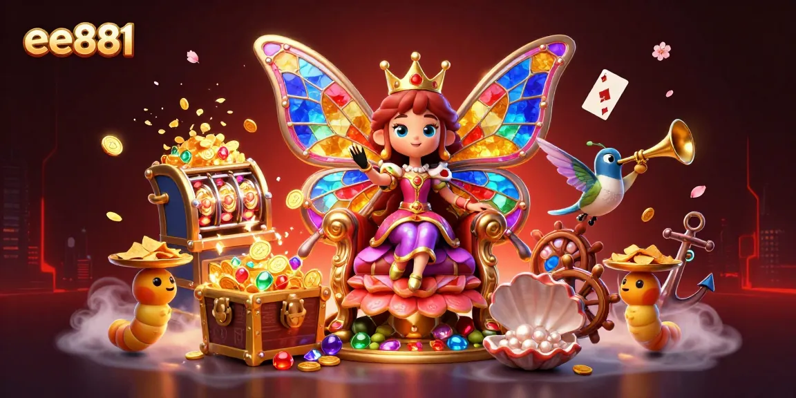 Engage in the vibrant world of ee881 with captivating casino elements and a dazzling butterfly queen.