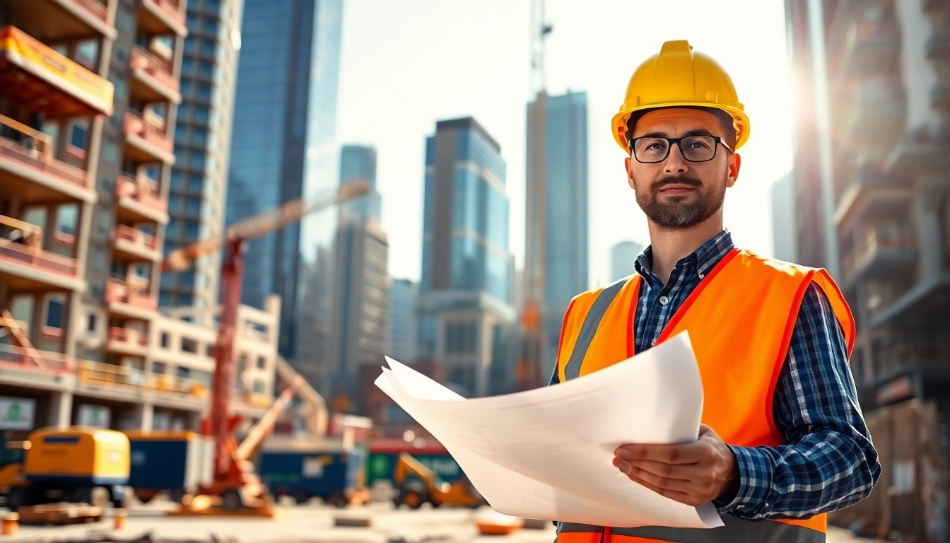 Manhattan Commercial General Contractor overseeing urban construction project with blueprints.