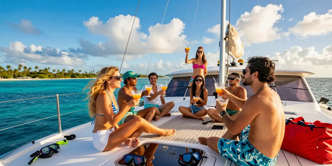 Enjoy a vibrant yacht charter Punta Cana experience aboard a luxury catamaran with tropical islands in the backdrop.