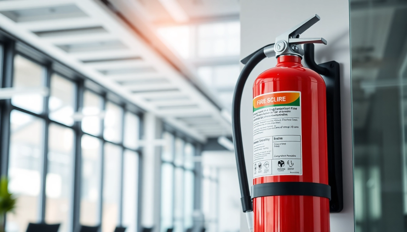 Ensure safety with an electrical fire extinguisher mounted prominently in a bright office.