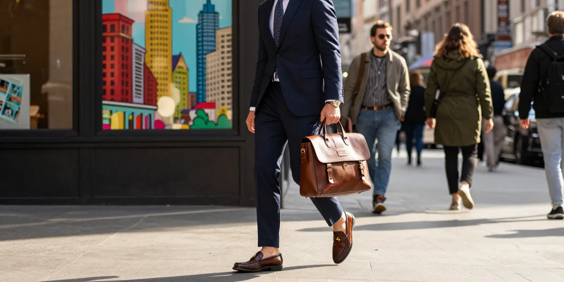 Stylish man showcasing men's fashion in a tailored suit on a vibrant city street.