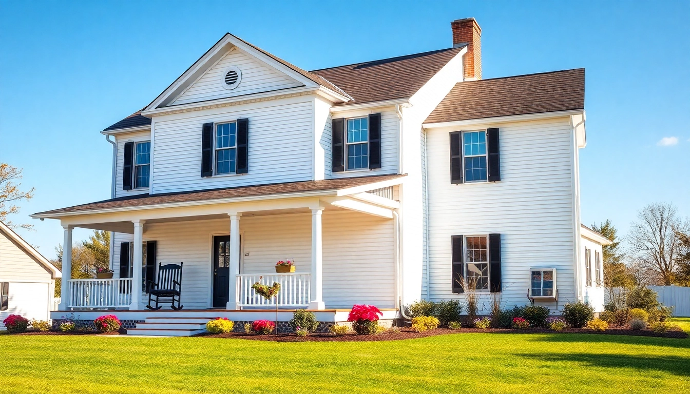 Explore colonial home construction with a charming white house featuring black shutters amidst a beautiful landscape.