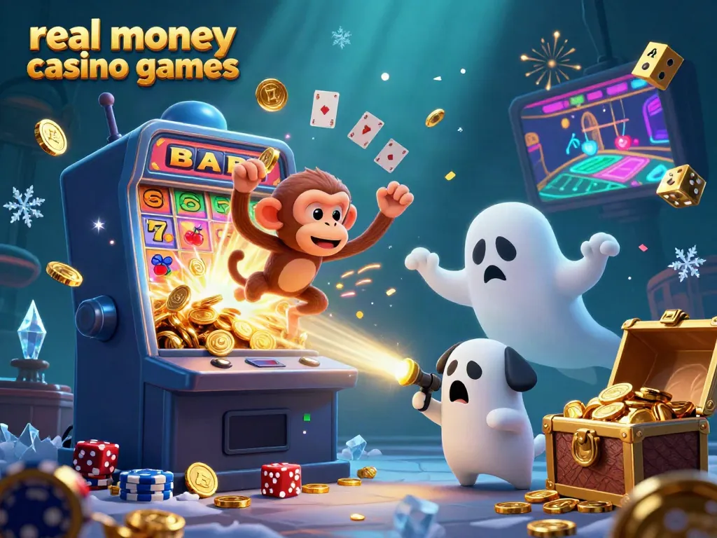 Engage with real money casino games as a playful poltergeist monkey juggles gold in a haunted casino.
