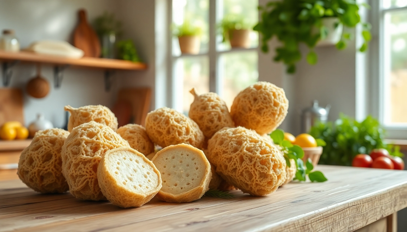 Kitchen loofah benefits showcased in a bright kitchen setting with natural loofahs.