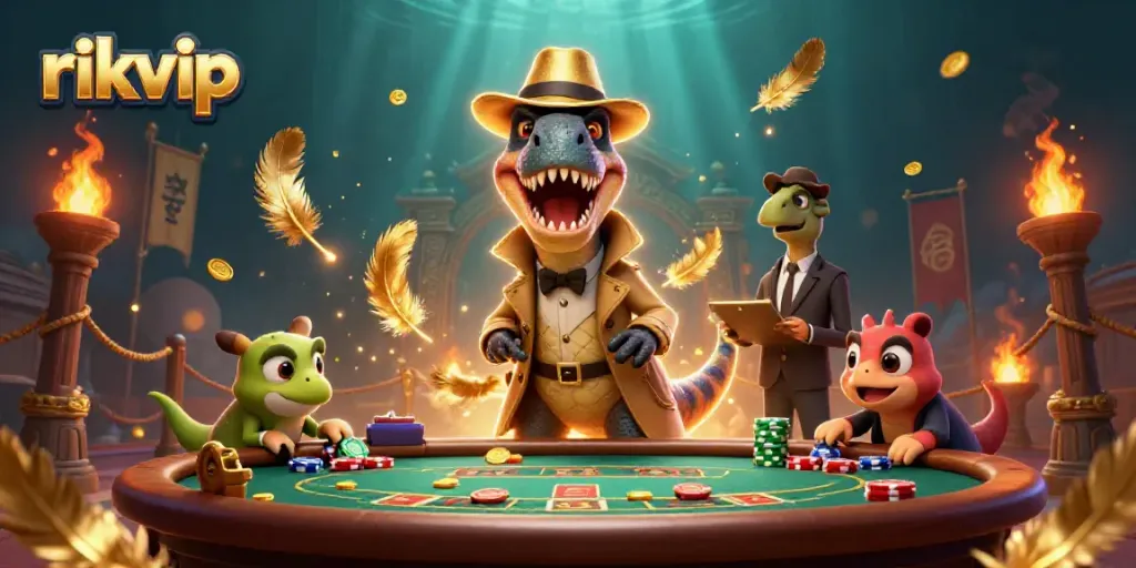 Rikvip's velociraptor card counter interacts at a dynamic casino table surrounded by golden game elements.