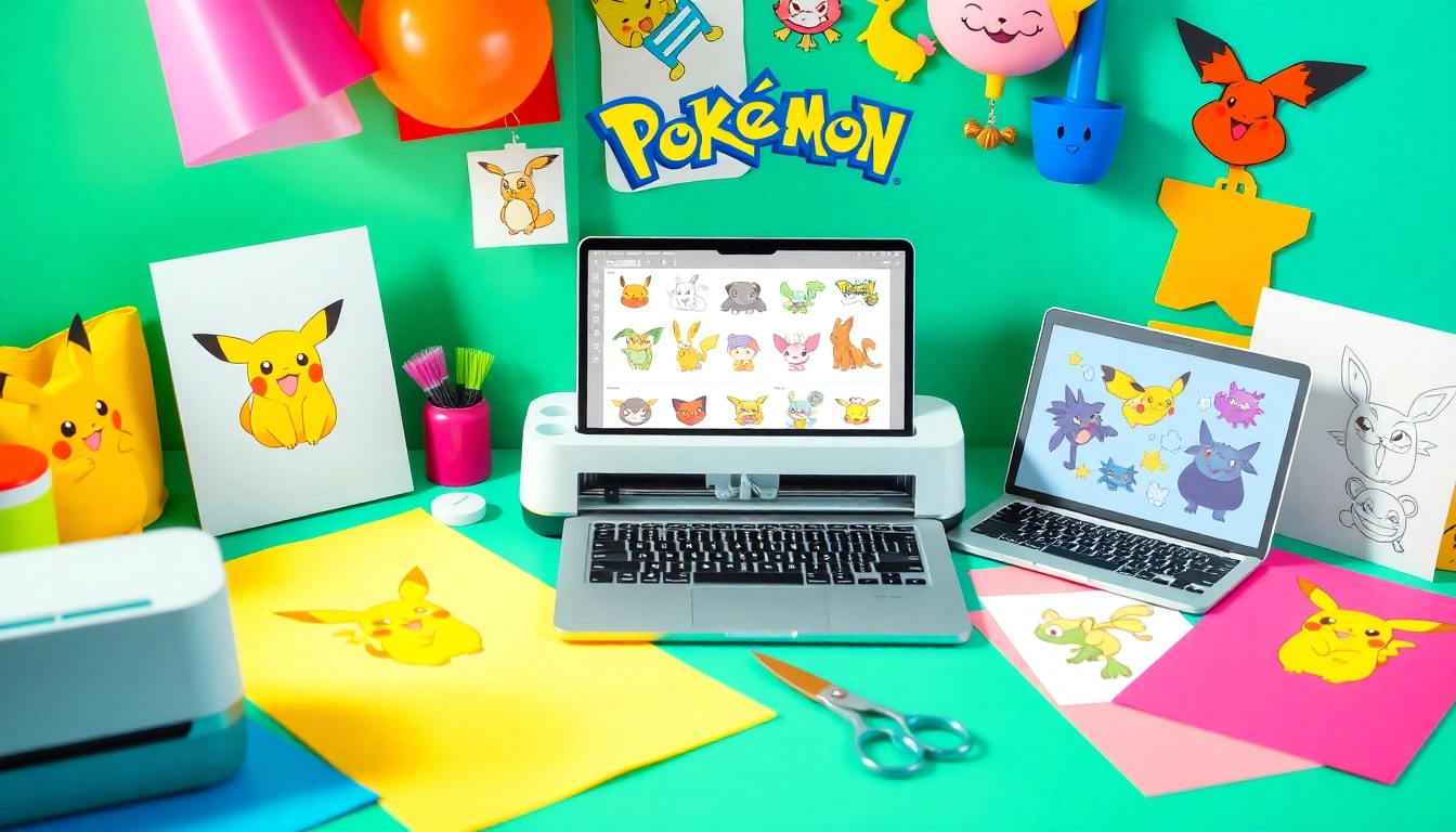 Vibrant crafting workspace featuring Pokemon SVG designs and Cricut tools