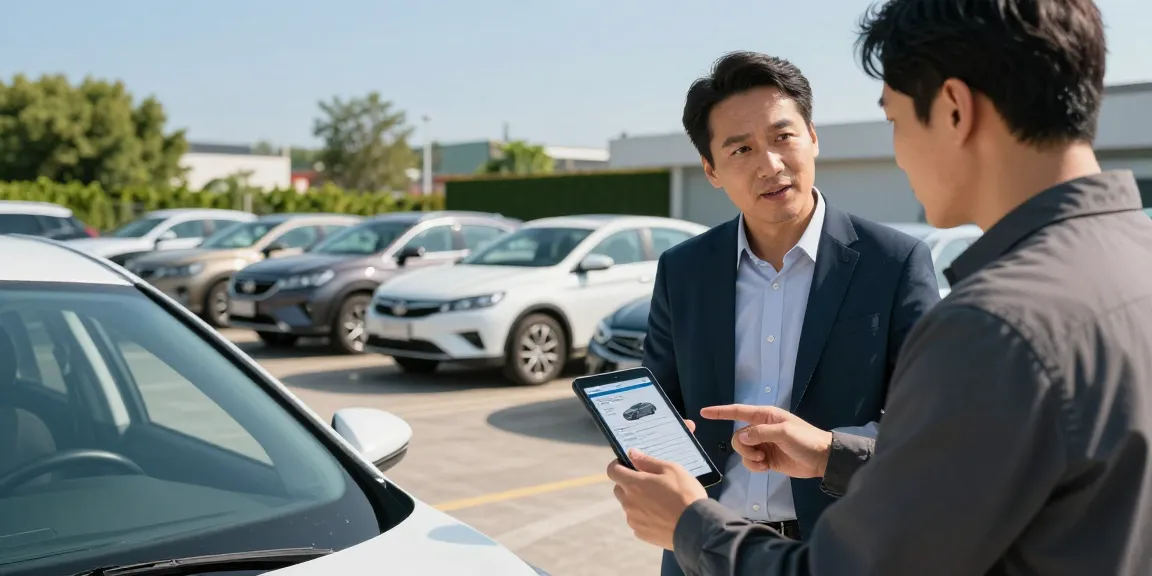 Prospective buyer checking a vehicle history report as an HPI check alternative at a sunny car lot.