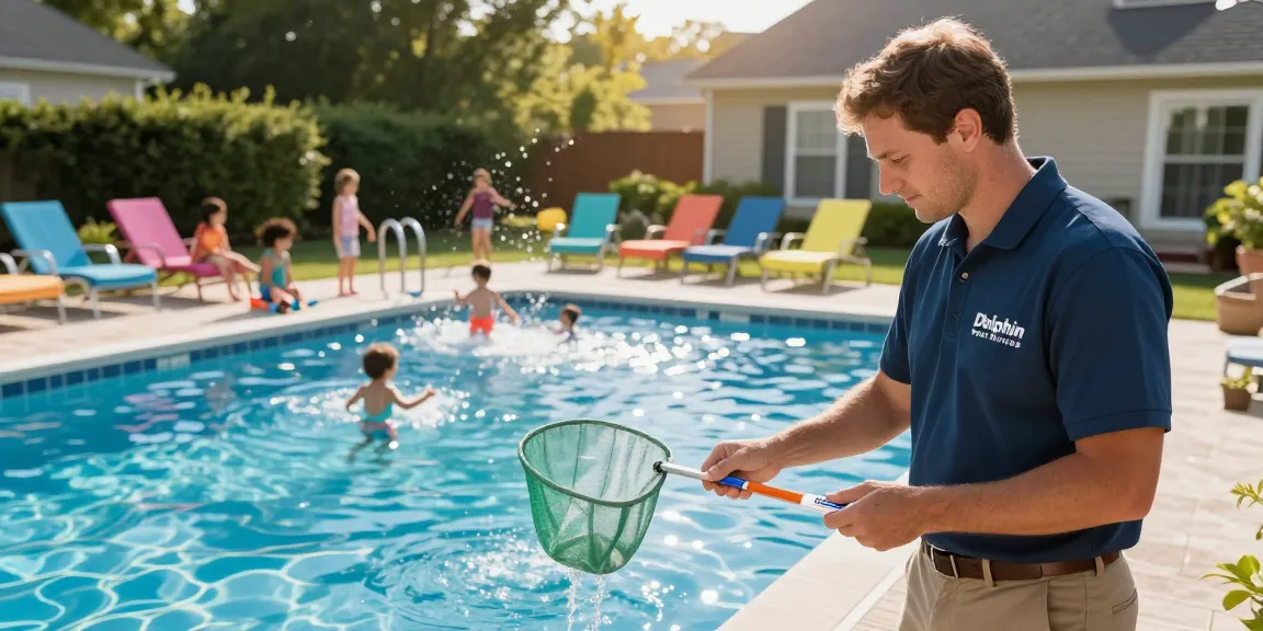 Dolphin Pool Services technician performing pool maintenance in a Virginia backyard with family enjoying their pool, highlighting quality and care.