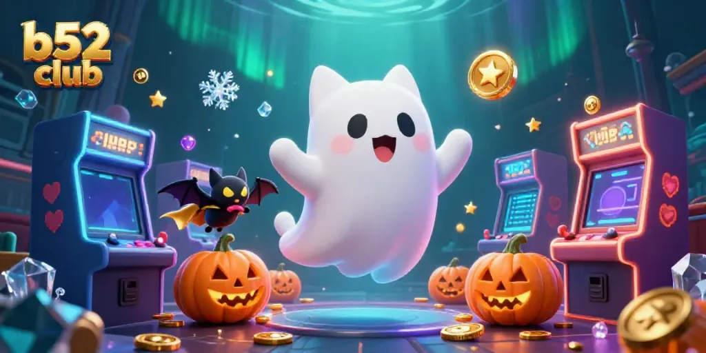 Engage with the vibrant B52 Club casino scene featuring a ghost cat, vampire bat, and glowing jack-o-lanterns.