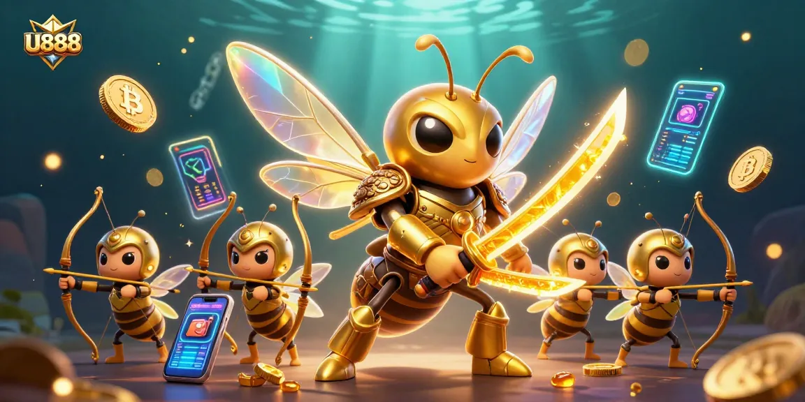 Engage in the thrill of U888 with a dynamic underwater scene featuring a golden hornet samurai and crypto elements.