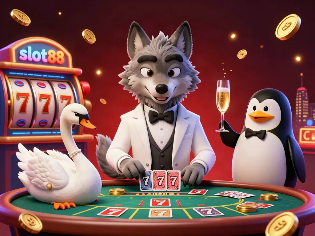 Slot88 menghadirkan suasana kasino dengan grafik berwarna-warni dan karakter unik yang bermain.