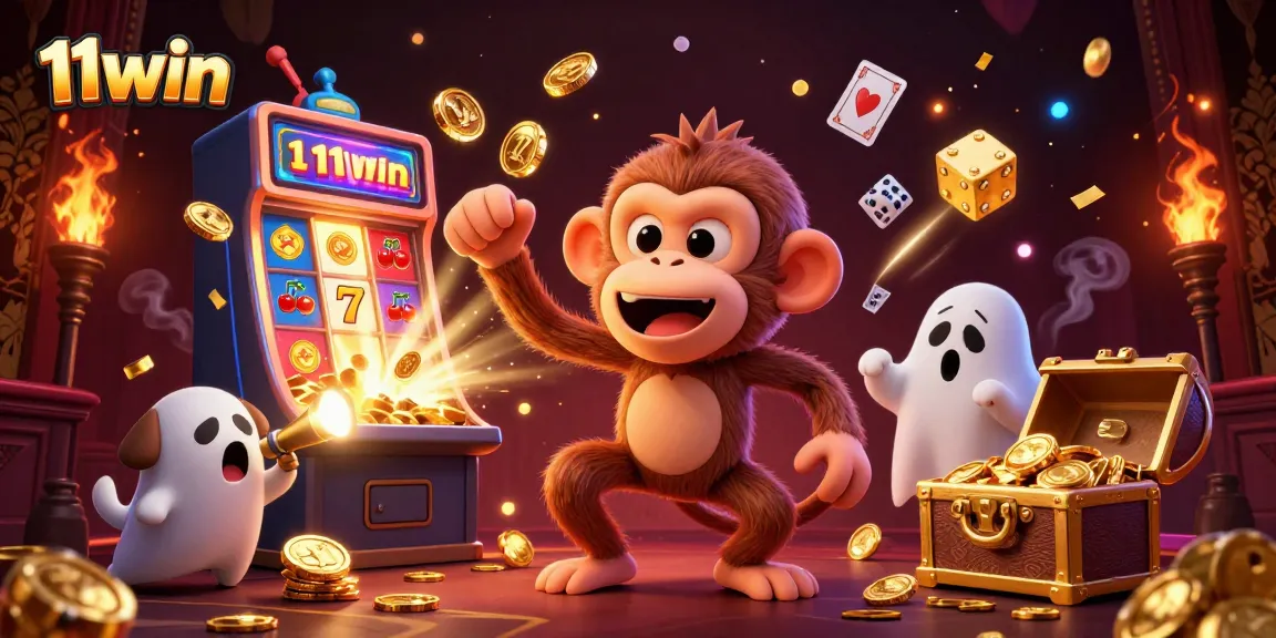 Experience the excitement of 11win with a lively casino scene featuring golden treasures and playful characters.