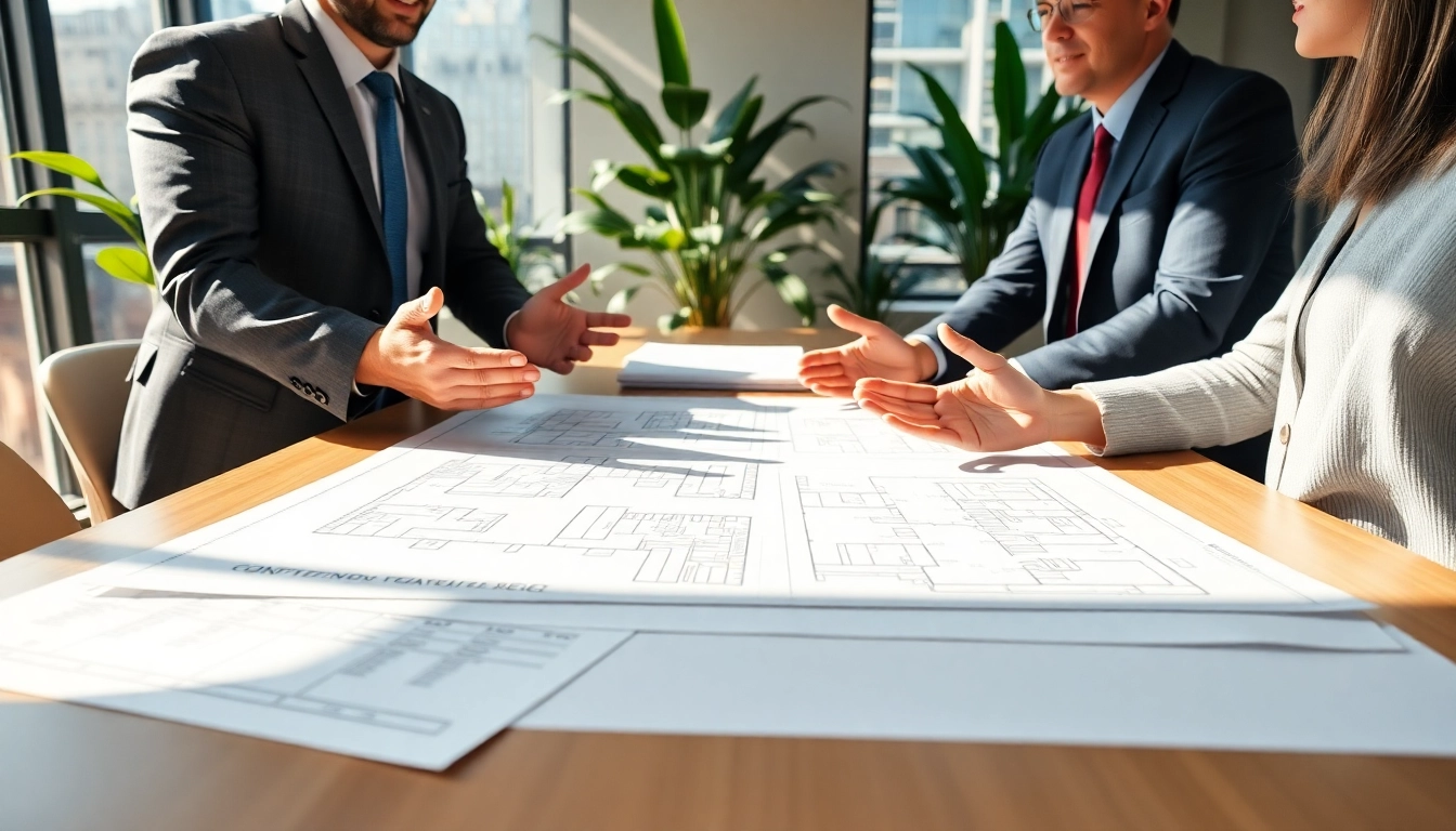Manhattan General Contractor discussing plans with clients in a modern office environment.