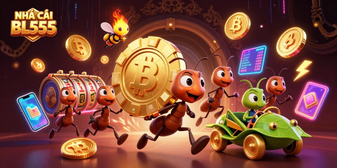 Experience thrilling gaming at NHÀ CÁI BL555 with animated ants heisting a giant poker chip amidst crypto excitement.