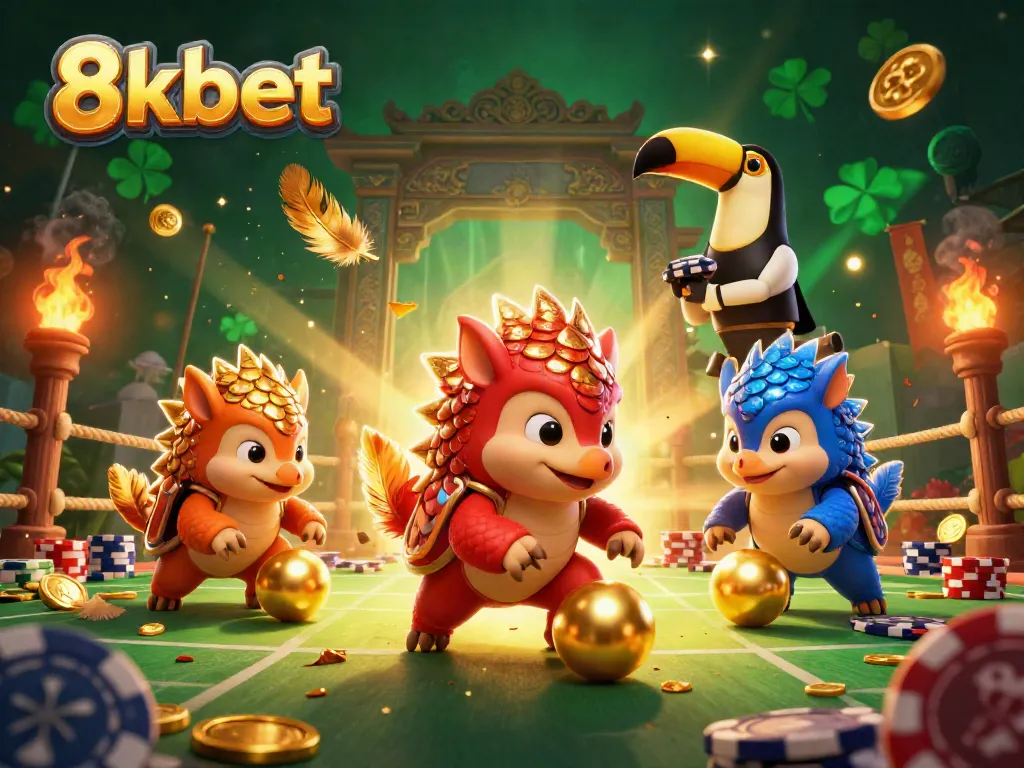 Compete for riches at 8xbet with colorful pangolins and dynamic gambling-themed elements.