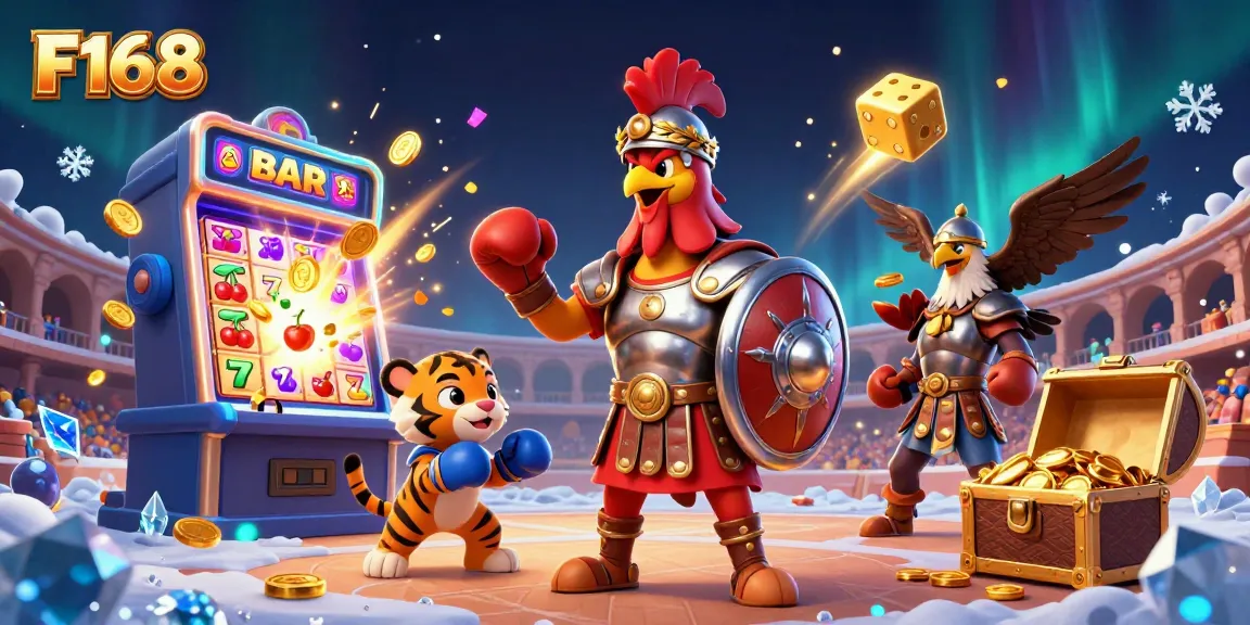 Experience the thrill of F168 with a dynamic scene featuring a gladiator rooster in a casino!
