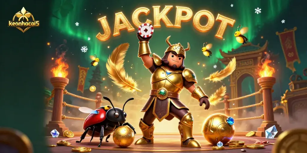 Experience keonhacai5's victory celebration with a cartoon beetle champion amidst a colorful casino backdrop.