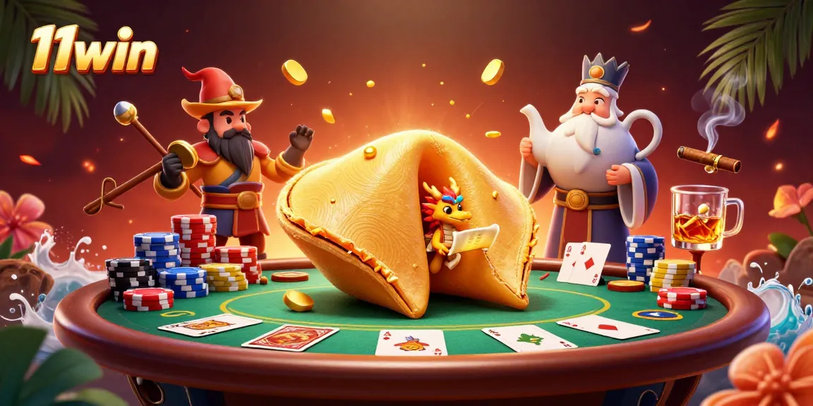 Engage with the 11win fortune cookie scene, exploring poker and magic details in this vibrant illustration.