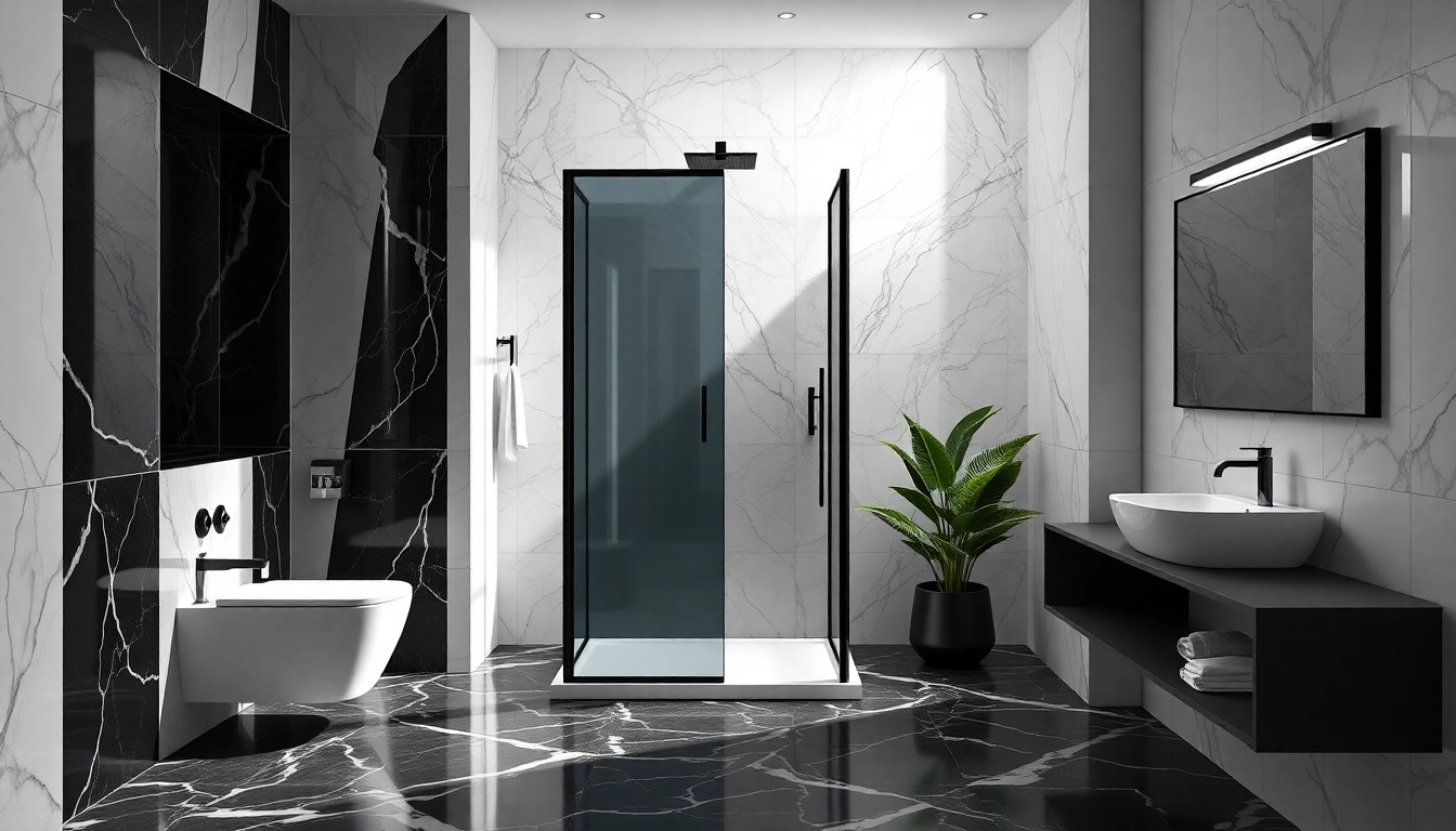 Elegant black shower door in a modern bathroom with marble accents and natural lighting.