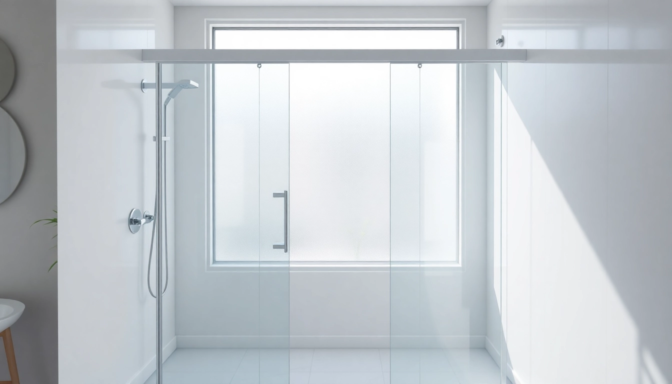 Shower doors sliding in a stylish bathroom with sleek glass design and reflective chrome features.