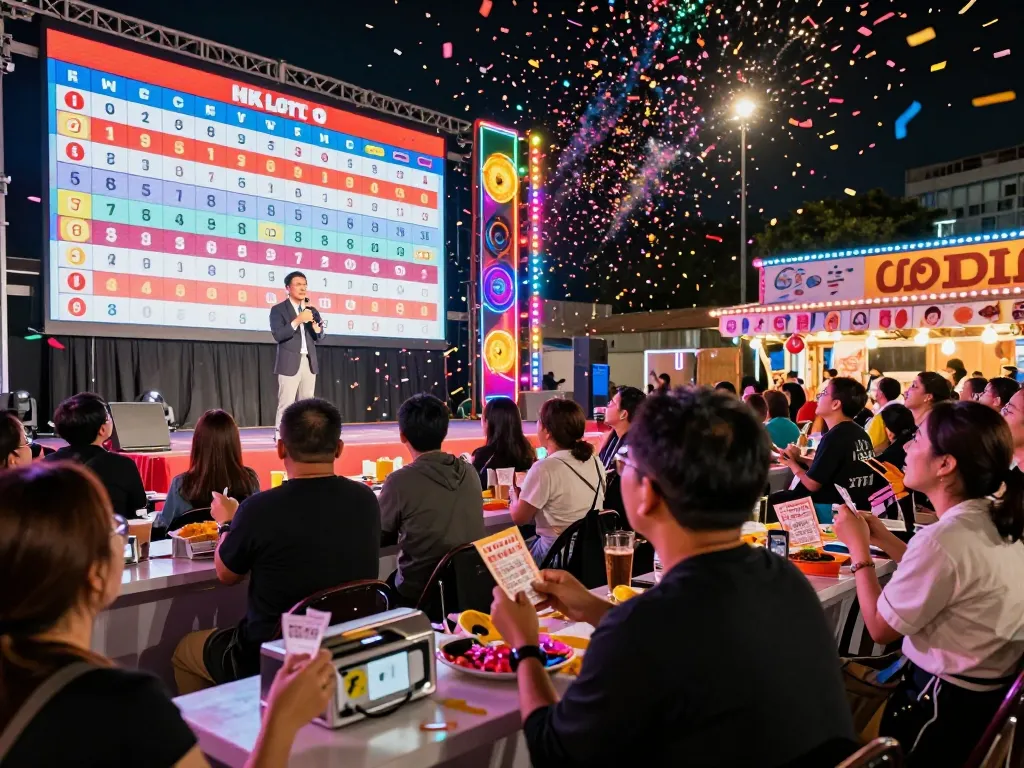 Kerumunan yang antusias di acara undian langsung HK Lotto merayakan momen kemenangan.