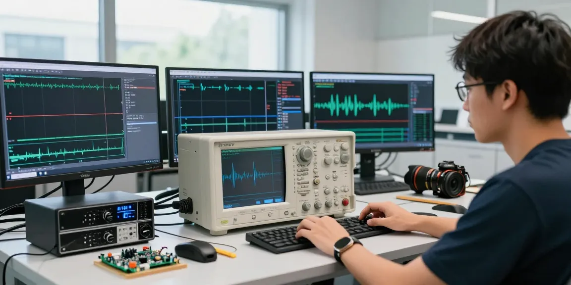 Technician using a Digital Oscilloscope, benchtop oscilloscope in a modern lab.