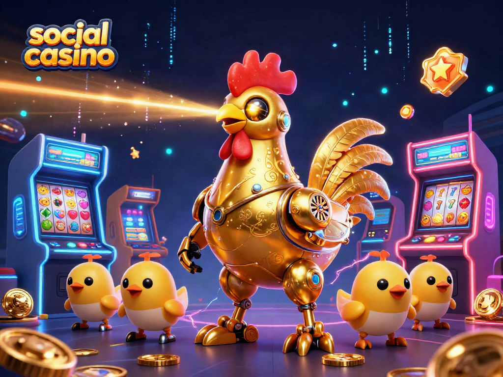 Engage in social casino fun with a golden robot rooster shooting lasers amidst arcade elements.