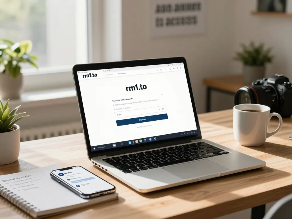 Secure rm1.to login interface in a bright office with a user-friendly setup, promoting safe access.