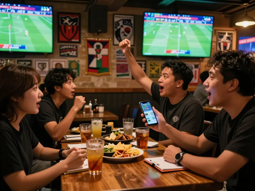 Exciting scene of kèo bóng đá fans enjoying live sports betting at urban bar.