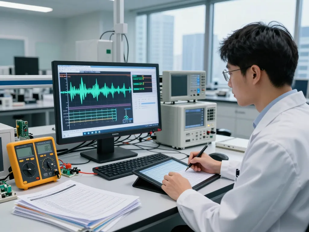 Choosing a digital oscilloscope for electronics, engineer analyzing signals in a high-tech lab.