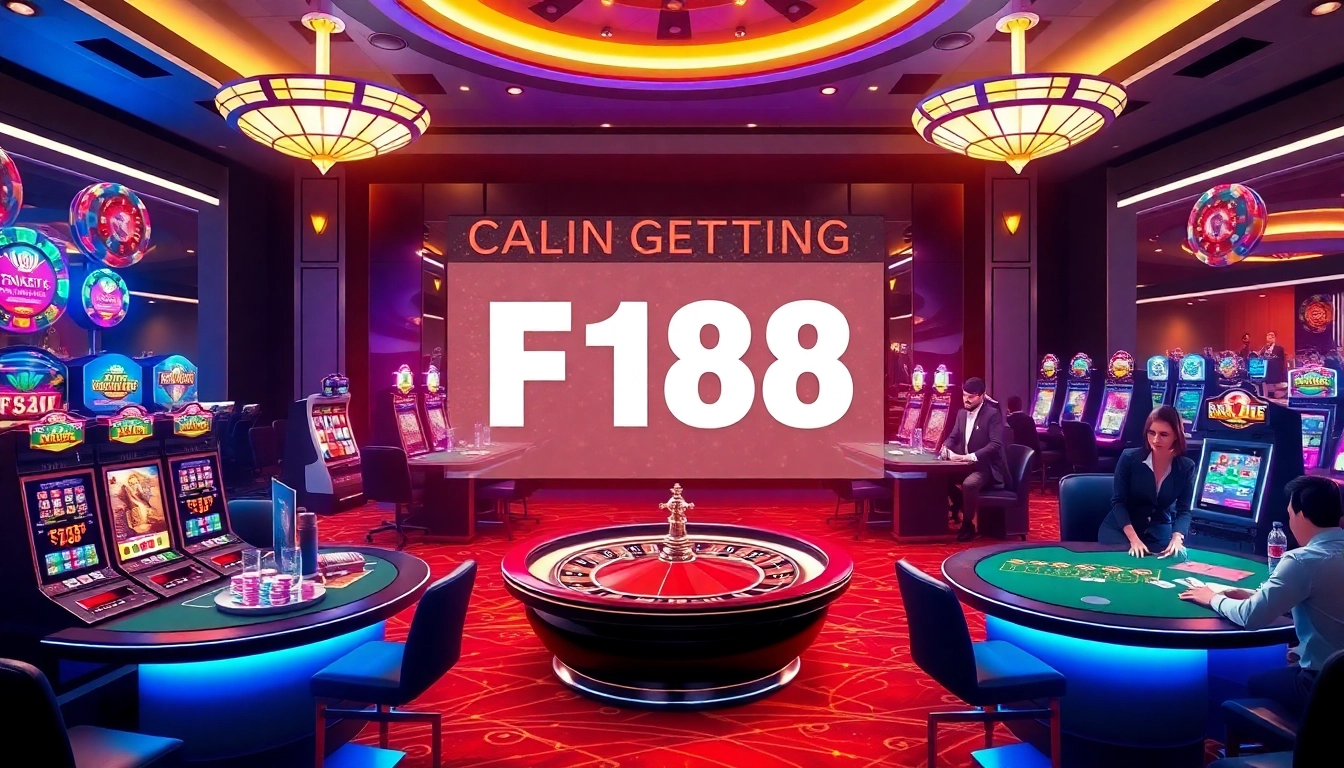 F168 gaming scene with vibrant slot machines, poker tables, and a roulette wheel.