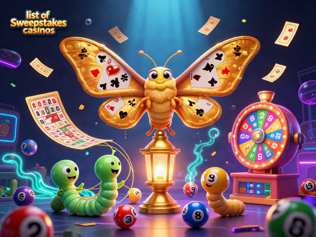 Engage with the exciting list of sweepstakes casinos in a vibrant 3D casino-themed illustration.