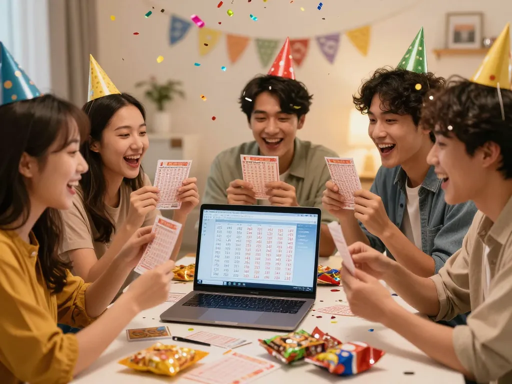 Teman-teman merayakan dan membandingkan tiket HK Lotto mereka dengan semangat di suasana yang meriah.