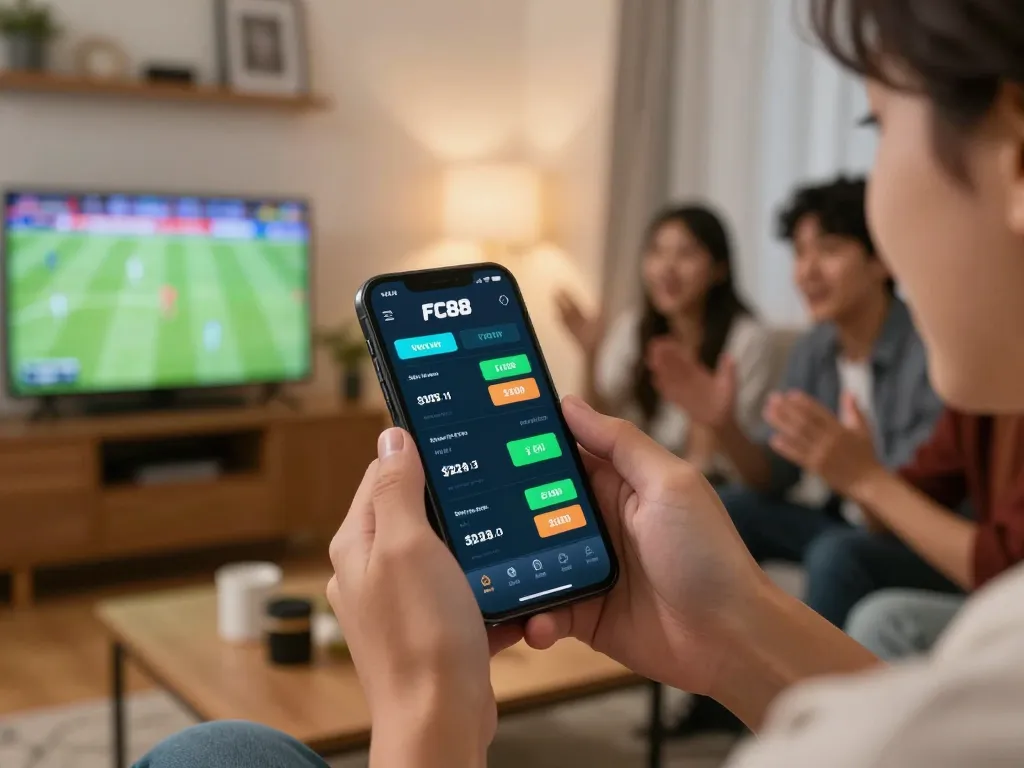 Betting on FC88 app amidst friends enjoying a sports game.