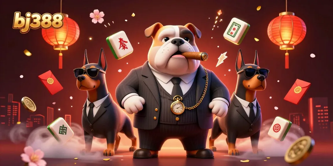 Engage in thrilling gameplay at bj388, capturing intense moments of excitement with a cartoon mafioso and his doberman bodyguards.
