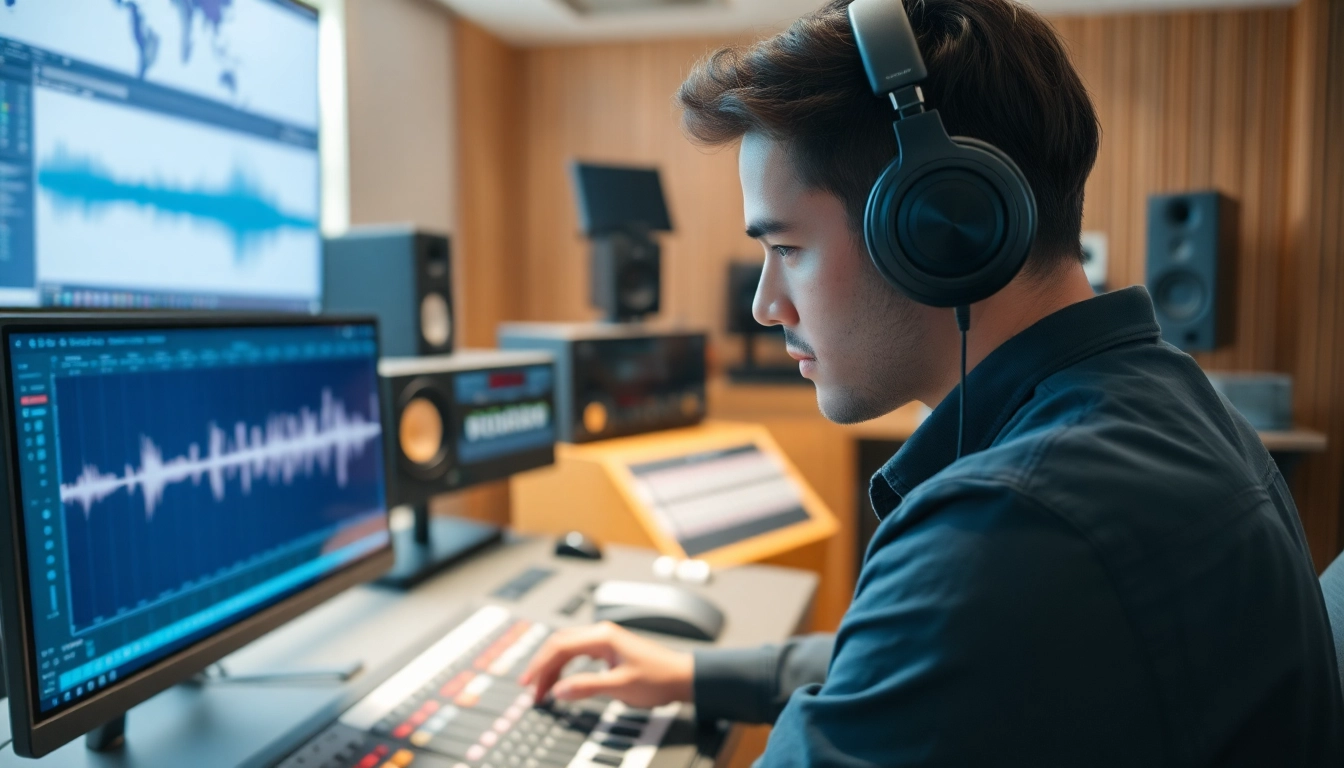 Engage with online mastering services as a professional engineer expertly adjusts audio in a studio setting.