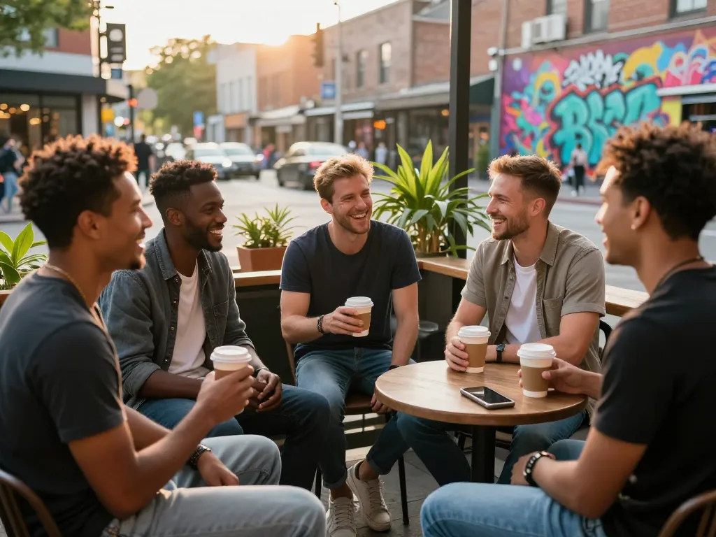 Men engaged in lively conversation at a café terrace, showcasing the manclub spirit of community.