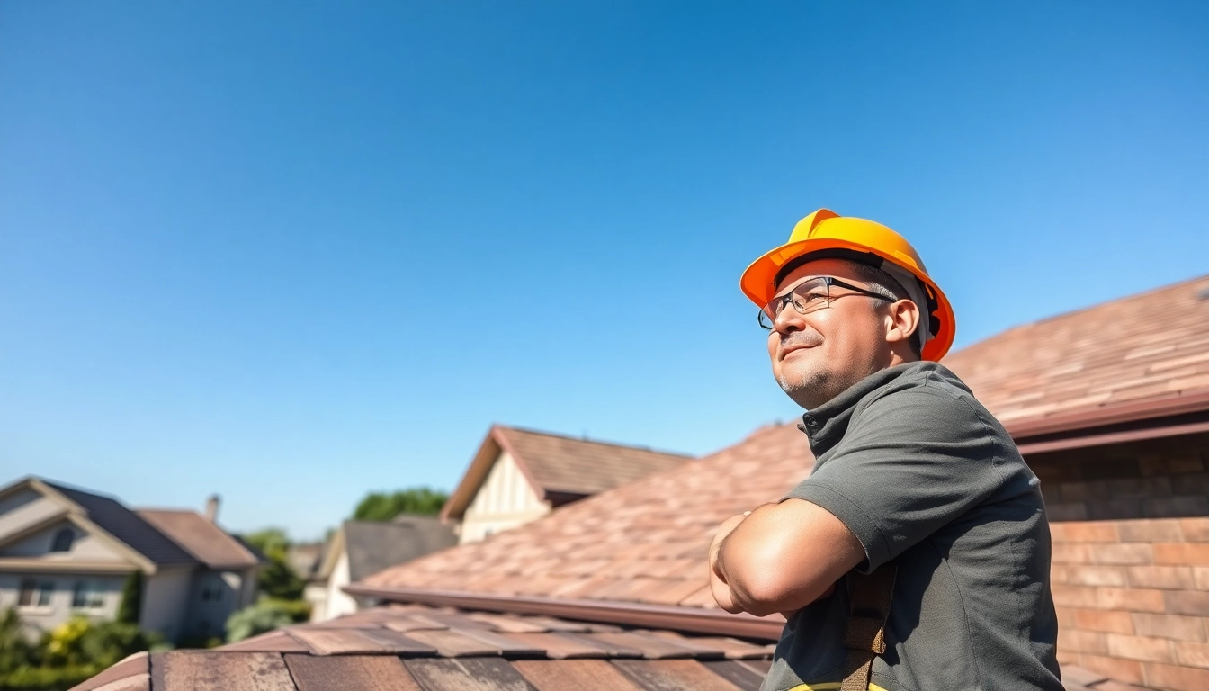Roofing contractor professionally inspecting a roof in a suburban neighborhood, ensuring quality work.