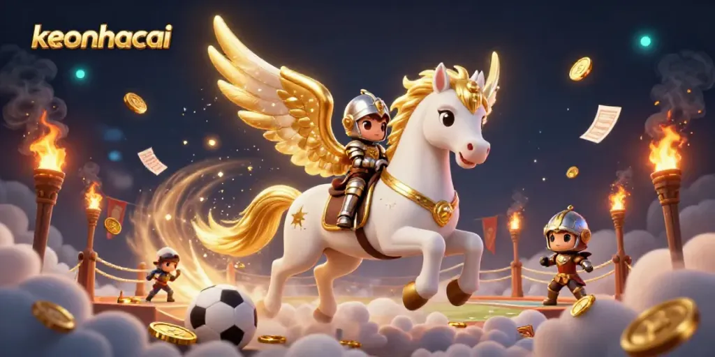 Keonhacai betting scene illustrating a celestial white horse and knight amidst dynamic sports elements and vibrant lighting.