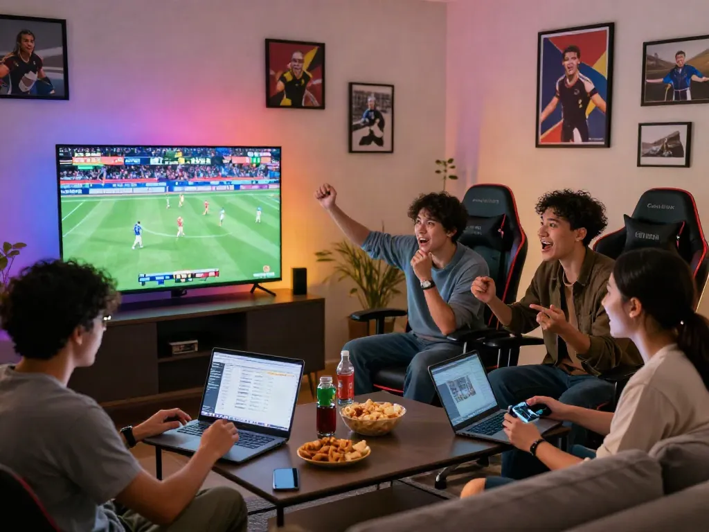 Dynamic scene of friends engaging in m88 link mobile betting while enjoying sports together.