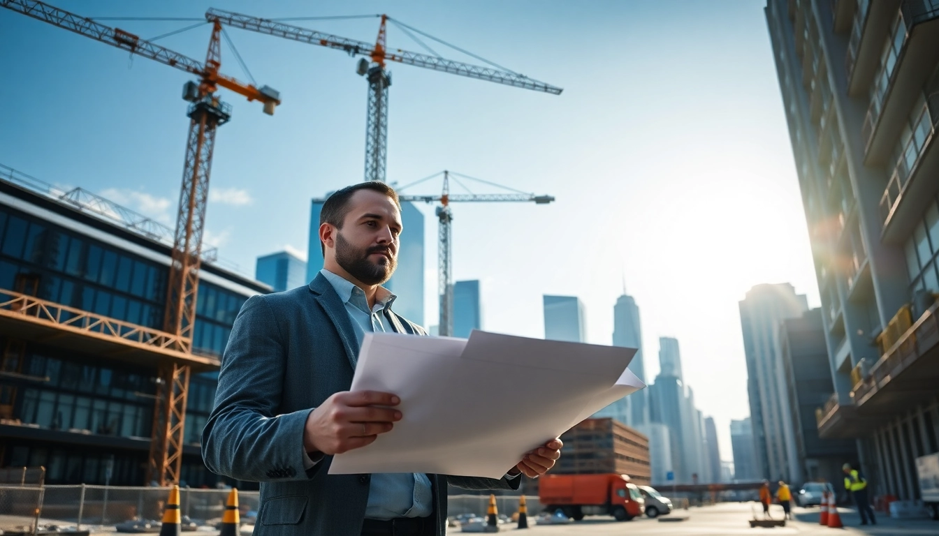 Manhattan Commercial General Contractor reviewing blueprints at a bustling urban construction site
