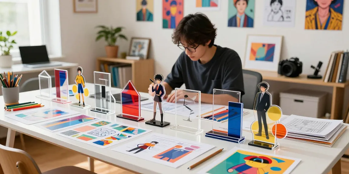 Custom acrylic stand designs on a vibrant workspace table showcasing creativity and innovation.